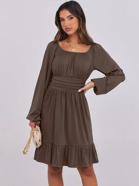 Women's Brown Long Lantern Sleeve Waist Ruffle Flowy Swing A-Line Short Dress